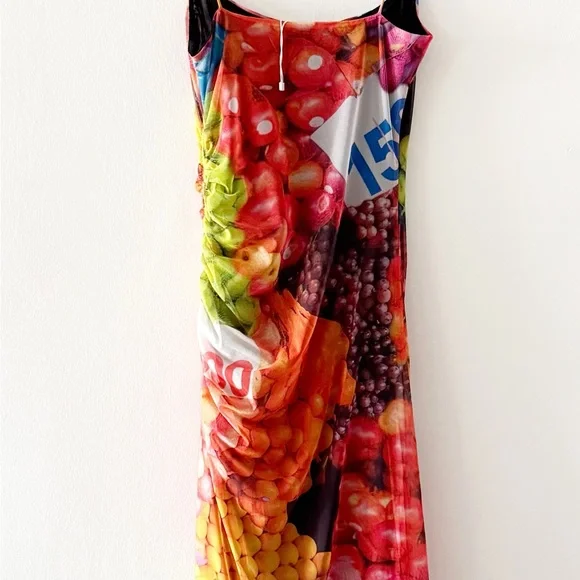 NEW Zara Fruit Stand Print Mesh Ruched Midi Bodycon Dress Size Medium (M) - Picture 5 of 6